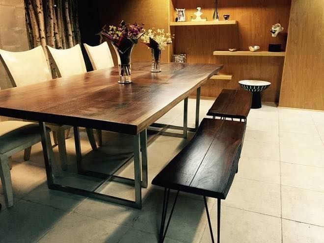 Hand-forged steel and wood dining table with matching bench
